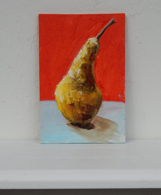 Pear. Small painting. Still life, 10x15cm