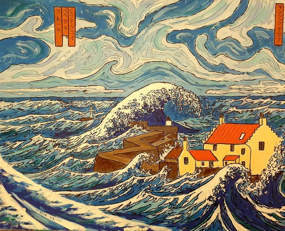 storm babet, pittenweem [in style of hokusai]