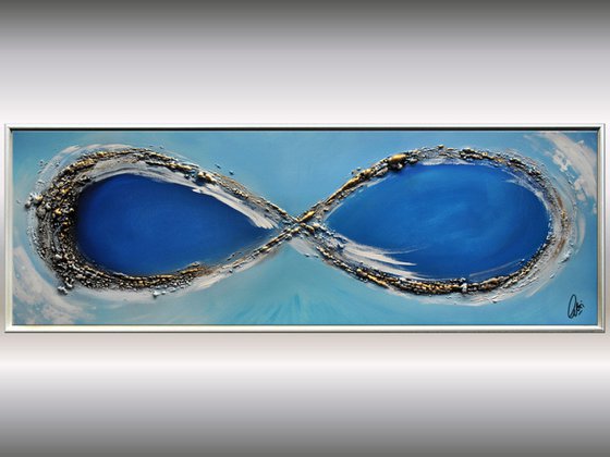 Infinity - abstract acrylic painting, canvas wall art, blue, black, white gold, framed modern art