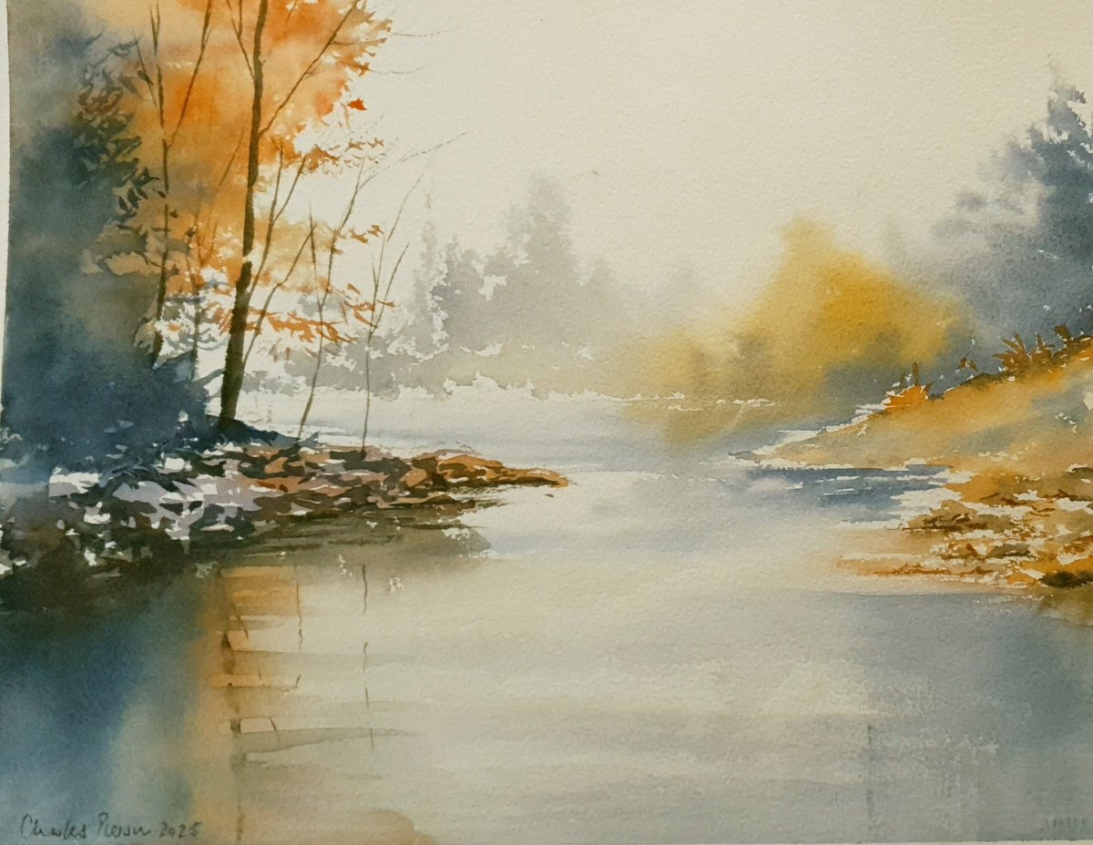Impressionistic Watercolour , Misty Lake Reflections By Charles Pierson, 15 X 11, Artwork For Sale On Artfinder