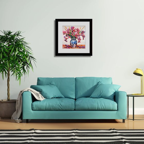 Irises in a porcelain vase