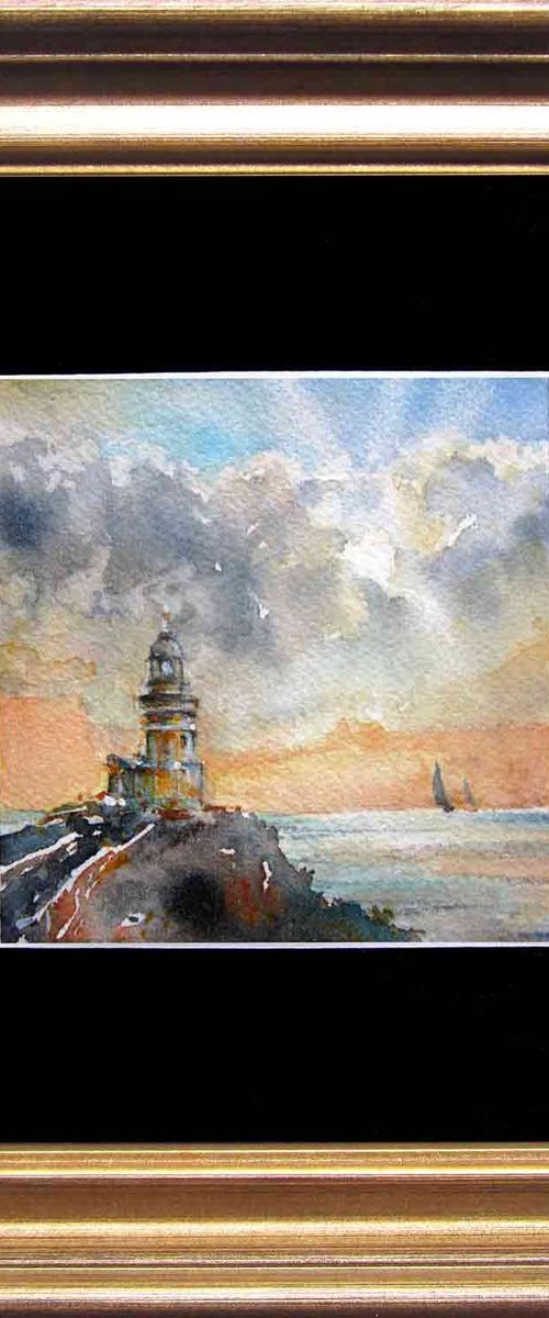 Lighthouse - Miniature Watercolour painting by Violetta Kurbanova