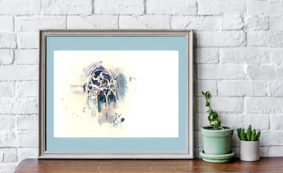 Architectural sketch in gray-blue tones "Rose of the Gothic window" - Original watercolor painting
