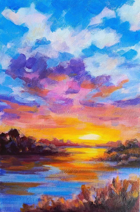 Sunset on the river Impressionistic landscape