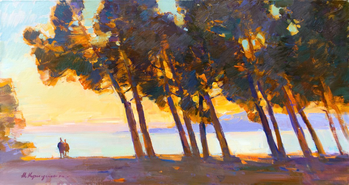 Impressionistic Landscape Oil Painting By Aleksandr Kryushyn, 31 X 18, Evening On The Beach. Croatia, Original Artwork