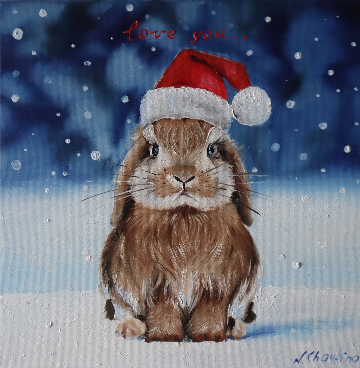 Photorealistic Oil Painting , Christmas Rabbit By Natalia Shaykina, 8 X 8, Artwork For Sale On Artfinder