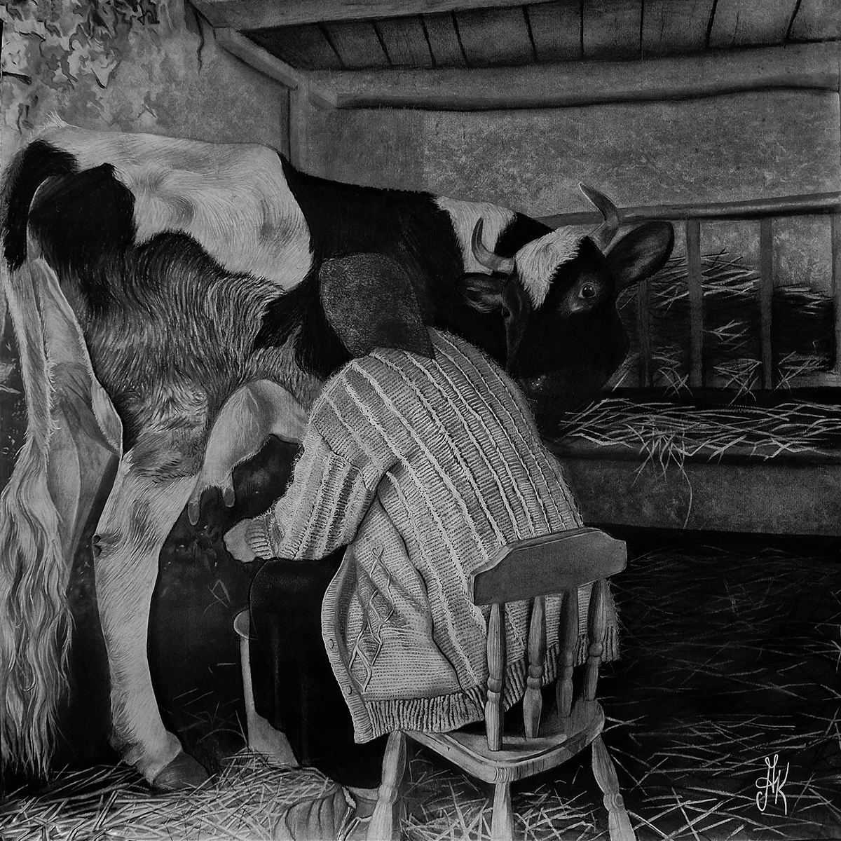 Photorealistic Portrait Charcoal Drawing By Kateryna Kostyk, 17 X 17", "Warm Evening", Original Artwork