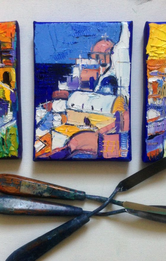 ABSTRACT OIA VILLAGE VIEW - Miniature Cityscape 05 Impasto Palette Knife Oil Painting