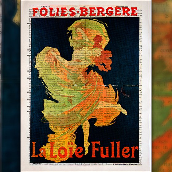 Folies-Bergère Loie Fuller - Collage Art Print on Large Real English Dictionary Vintage Book Page