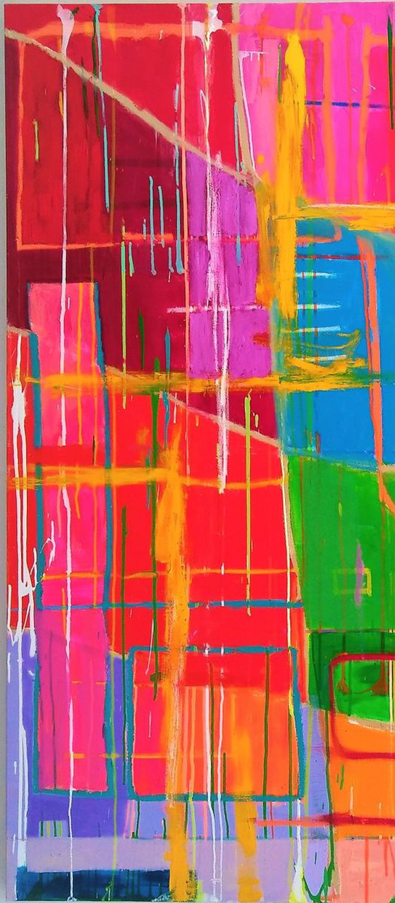 LARGE ABSTRACT COLORFUL INTERIOR DESIGN COMMERCIAL DECOR OFFICE RESTAURANT OVERSIZED COLORBLOCK "Rainbow Drip 101" 48" X 60"