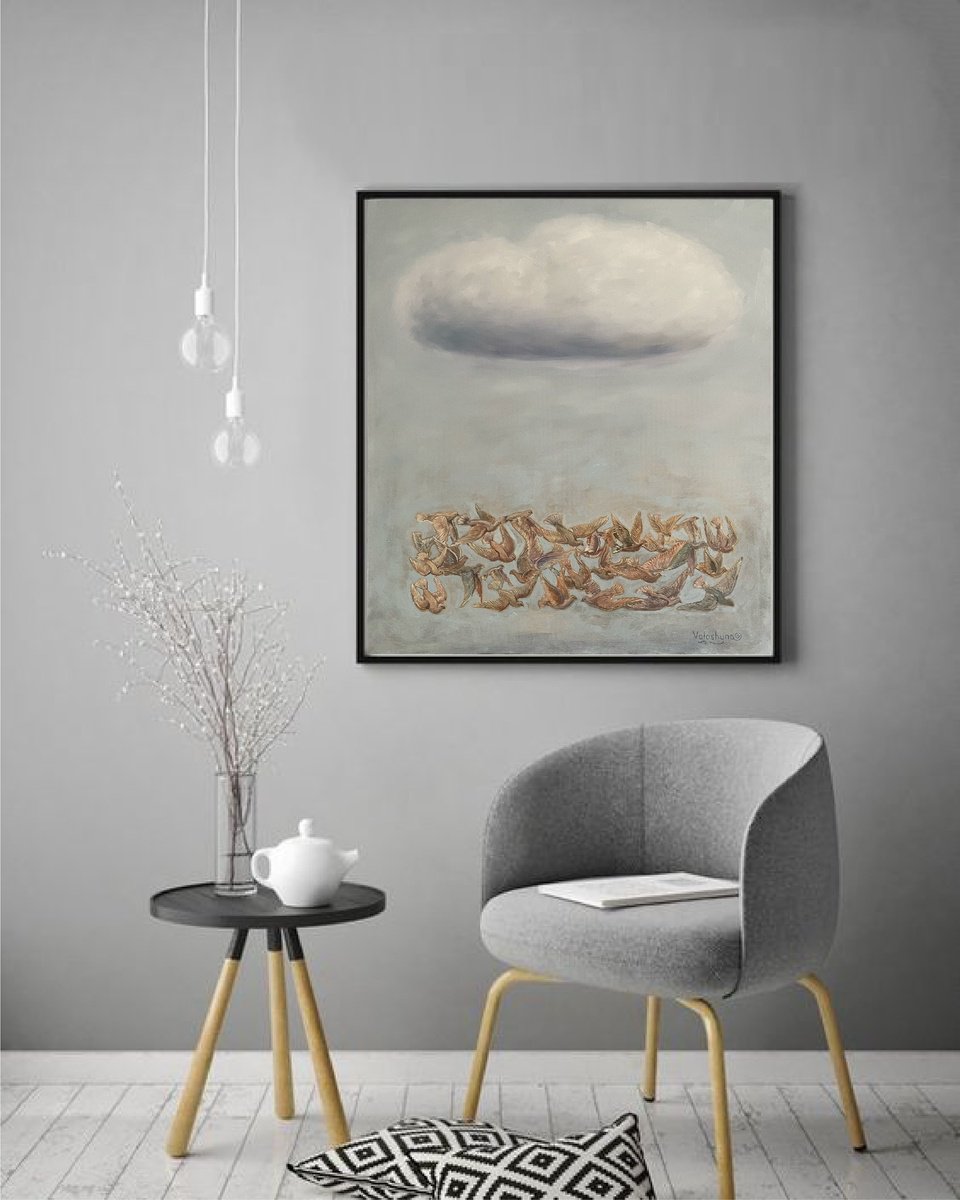 Surrealistic Animal Oil Painting By Mary Voloshyna, 31 X 35", "Sky And Birds". Original Oil Painting Xxl, Original Artwork