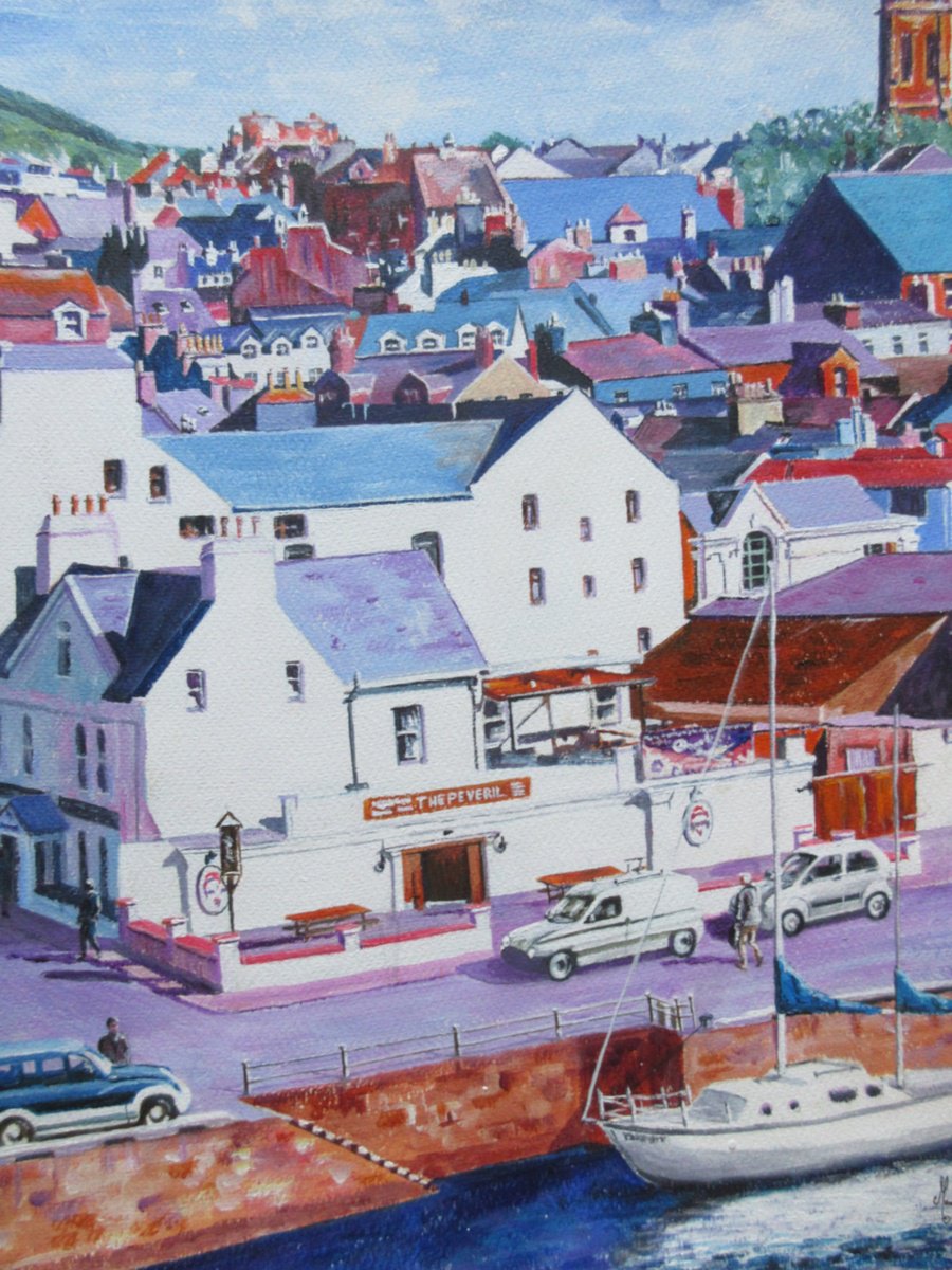 Impressionistic Cityscapes Acrylic Painting By Max Aitken, 14 X 19", Peel Harbour Isle Of Man, Original Artwork