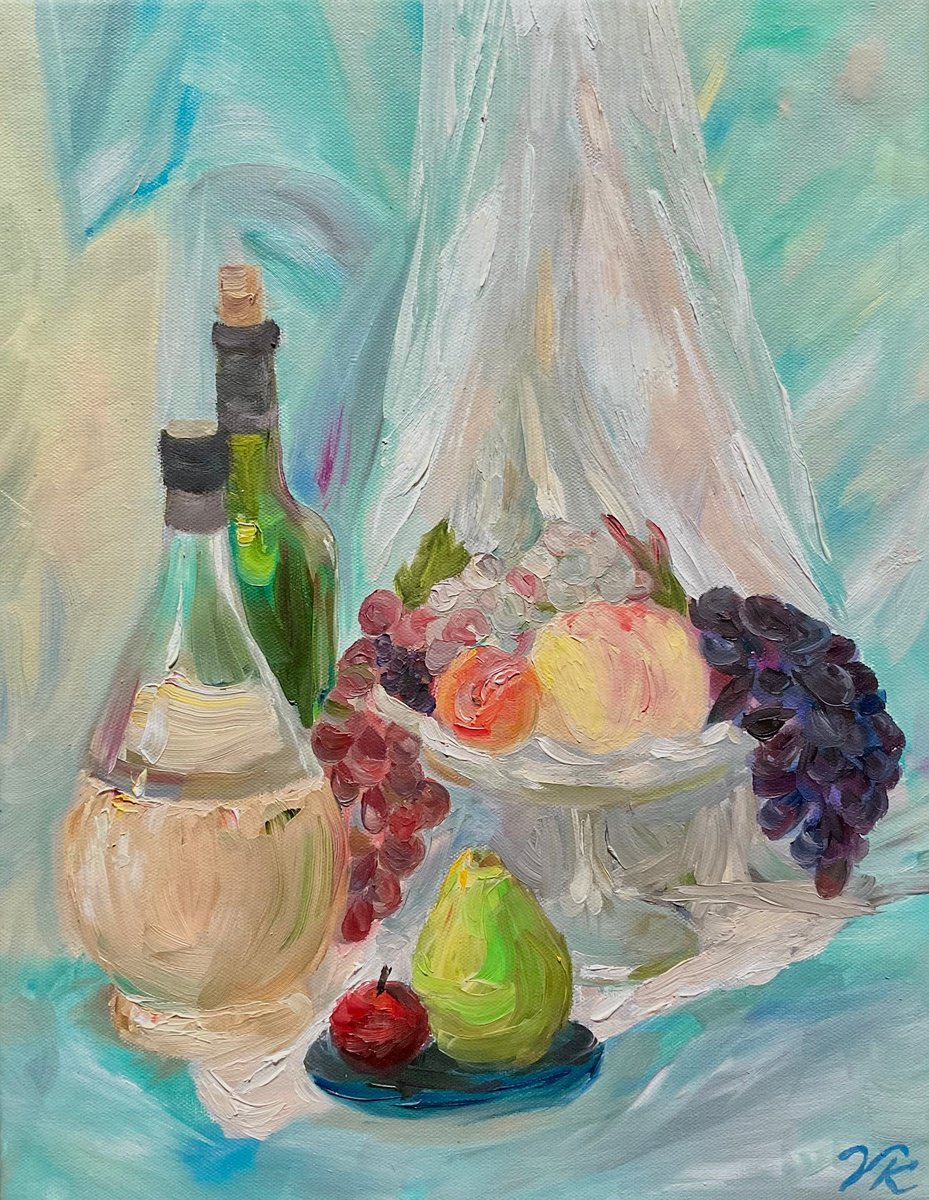 Impressionistic Still Life Oil Painting By Vera Klimova, 13 X 17", Chianti, Original Artwork