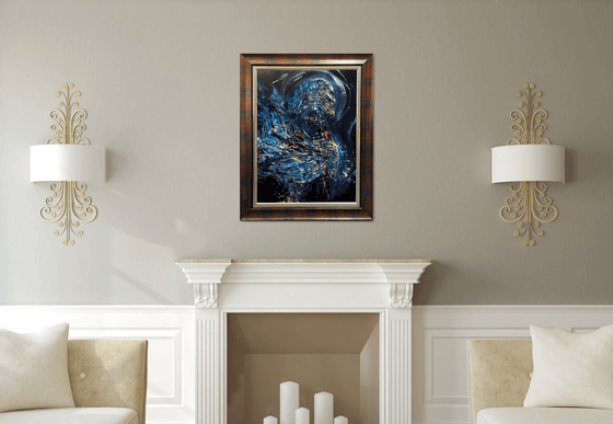 Framed Enigmatic Abstract Dark Blue Angel Series Painting By KLOSKA