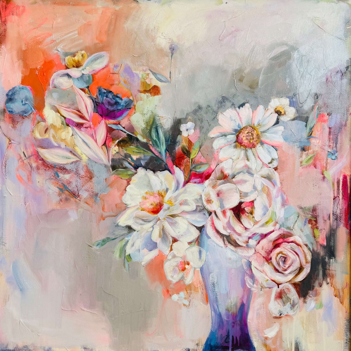 Abstract Botanical Painting By Tatyana Bolivar, 38 X 38", Floral Harmony, Original Artwork