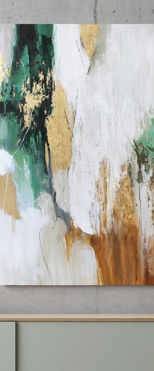 "Green Flow" Green gold abstract art by Yana Sagan