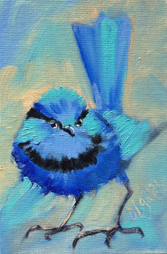 Blue bird n1, miniature original oil painting.