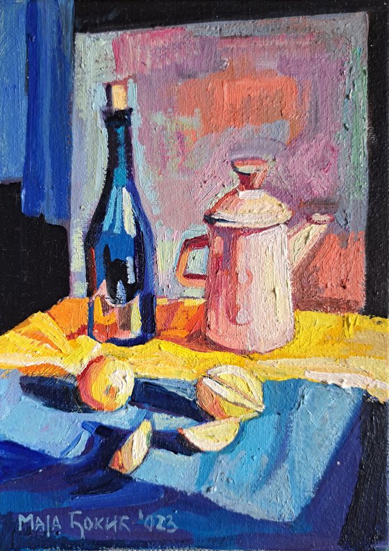 Still life with yellow drapery and lemons,  miniature,  2023