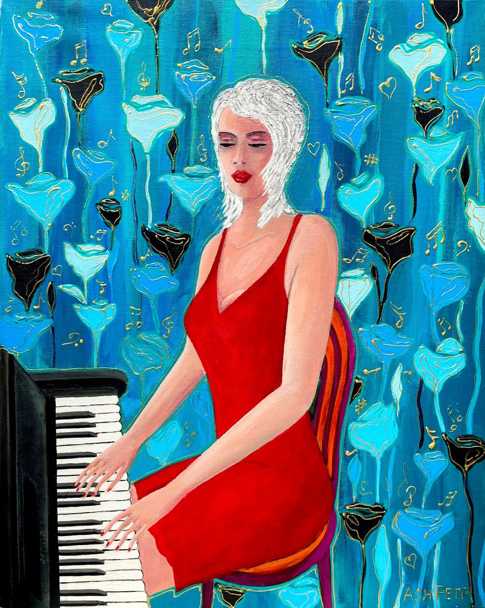 Impressionistic Still Life Acrylic Painting By Ashot Petrosyan, 16 X 20, Sounds Of Music, Original Artwork