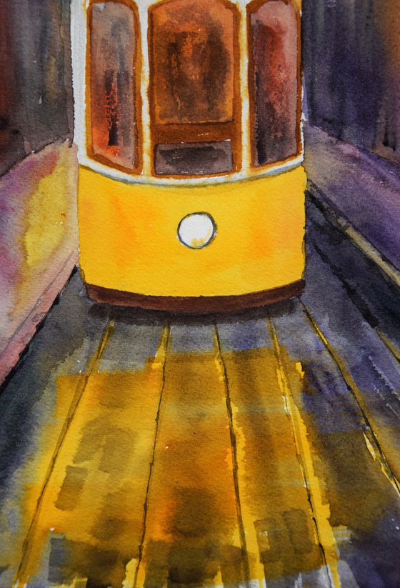 Lisbon tram painting, Lisboa watercolor art original, Portugal wall art