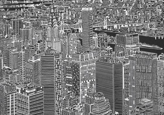 New York skyline with the Chrysler building (Black and white drawing with collage detail)