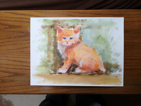 "Red kitten" (acrylic on paper painting) (11x15×0.1'')