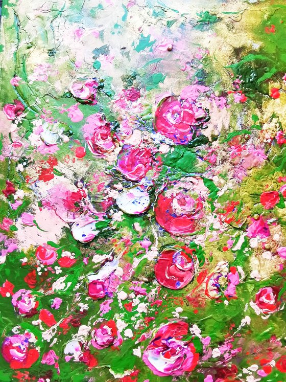 Rose Bush - 90x90 cm Large abstract painting. Pink red burgundy light green wall art