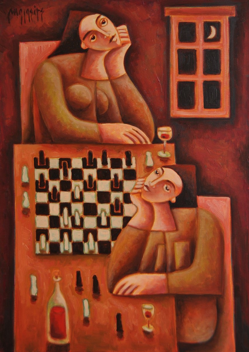 Surrealistic Portrait Oil Painting By Malasits Zsolt, 20 X 28", Chess, Original Artwork