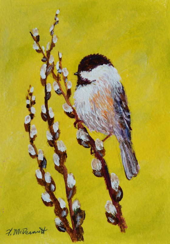 Yellow Chickadee - framed 7X5 inch original acrylic painting by K. McDermott (SOLD)