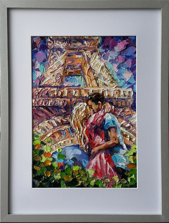 Painting Love in Paris - small original gift in frame, impasto, oil