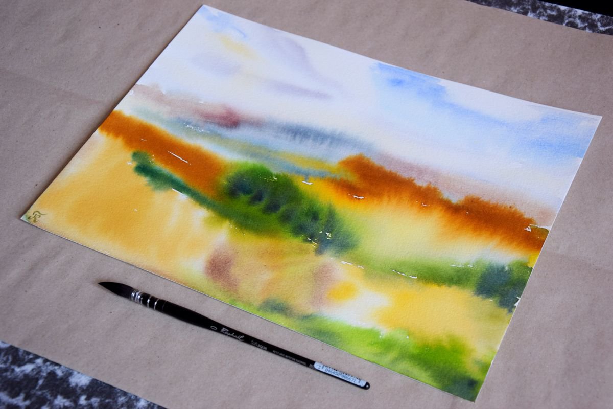 Abstract landscape original watercolor painting, wet in wet