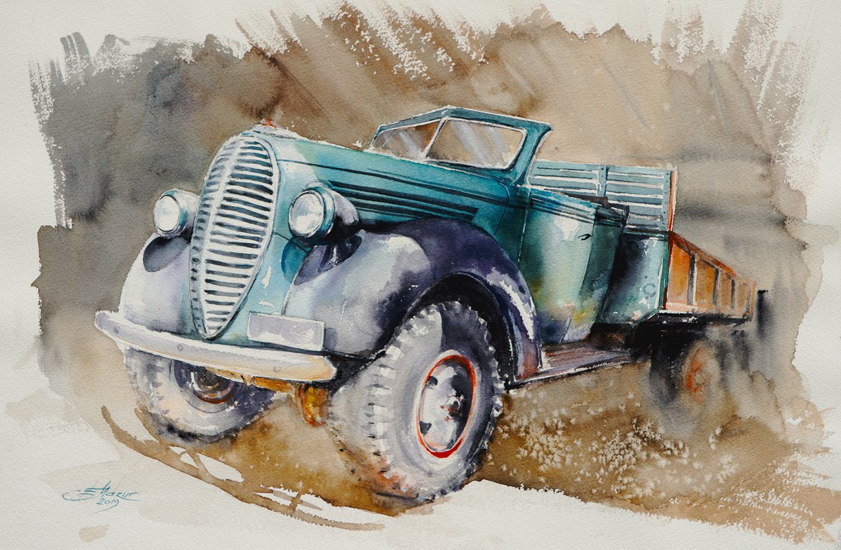 Impressionistic Transport Watercolour By Eve Mazur, 22 X 15, Old Truck, Original Artwork