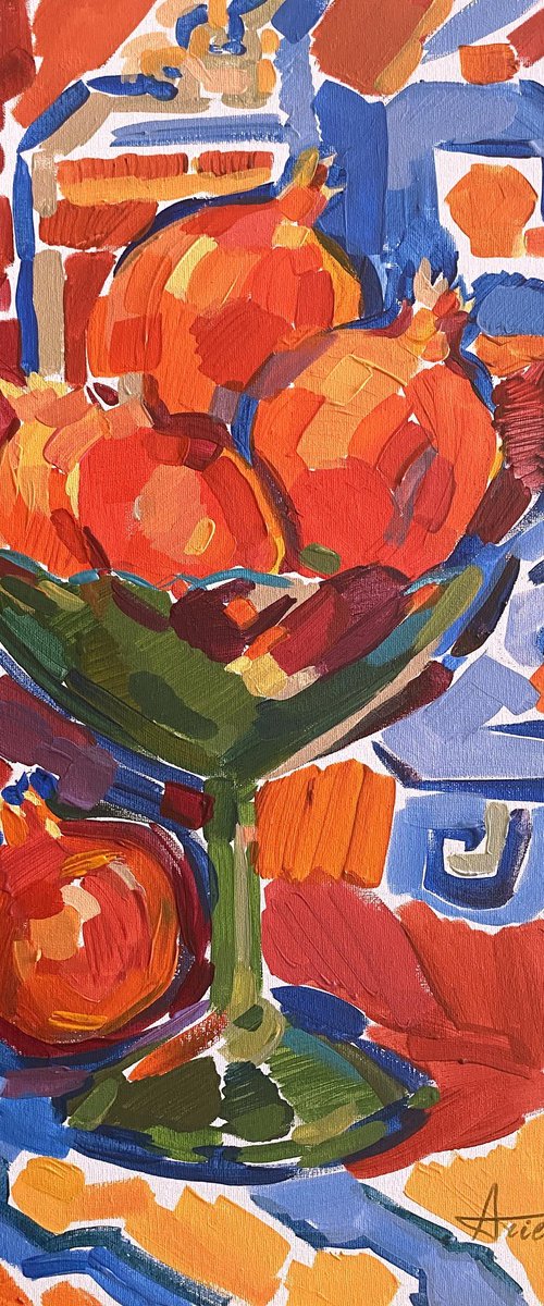 Pomegranates in an Emerald Crystal Vase by Ariela Stem