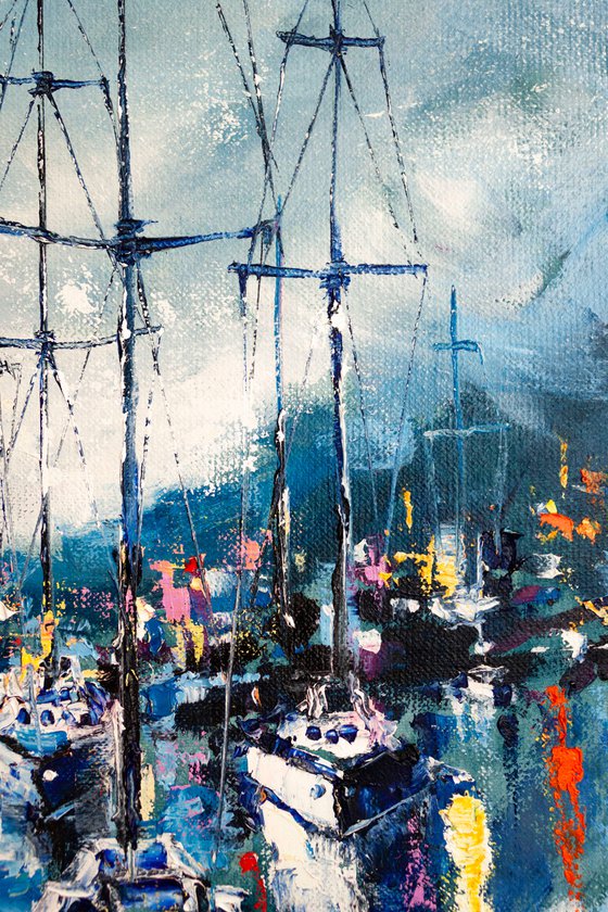 "Sailboats in the harbor" ,  ships , sky