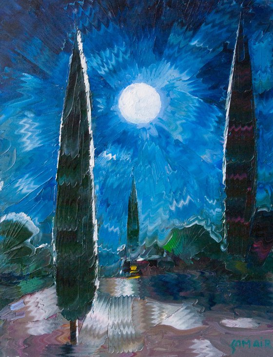cypresses and a full moon