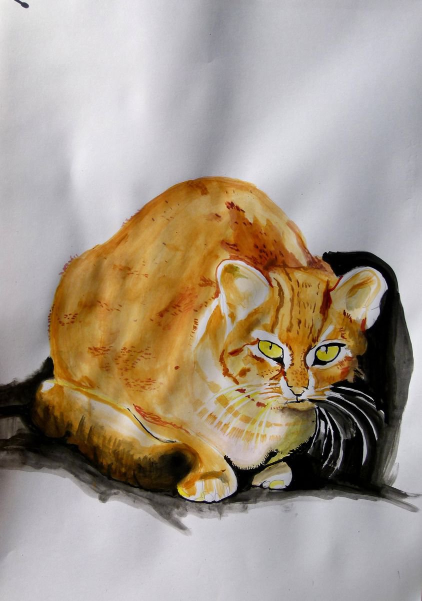 Impressionistic Animal Acrylic Painting By Soso Kumsiashvili, 24 X 33", Cat, Original Artwork