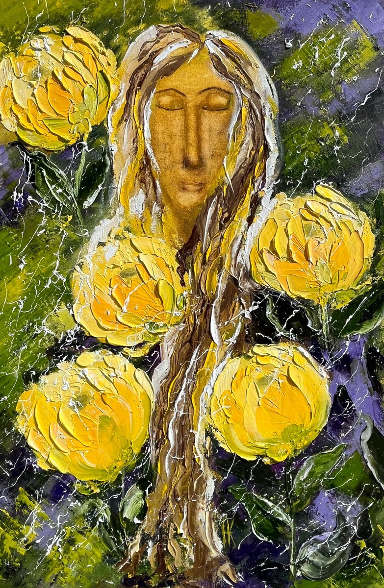 Impressionistic Portrait Oil Painting By Halyna Kirichenko, 16 X 24, Woman With Yellow Flowers, Original Artwork