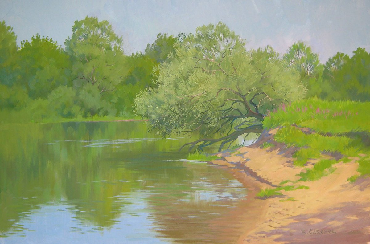 Impressionistic Landscape Oil Painting By Valeriy Savenets-1, 24 X 16", On The Desna, Original Artwork