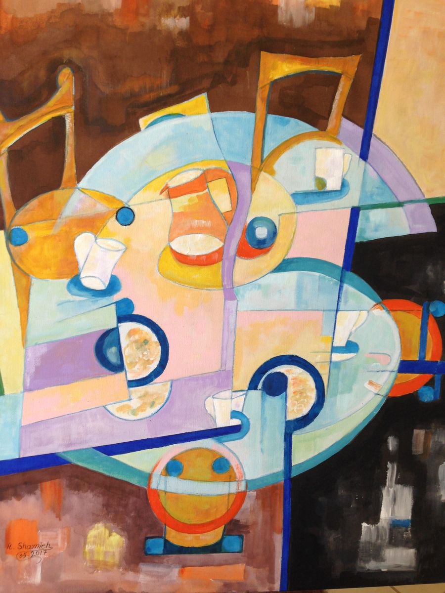 Abstract Still Life Acrylic Painting By Abdelrahman Shamieh, 20 X 28, The Blue Table, Original Artwork