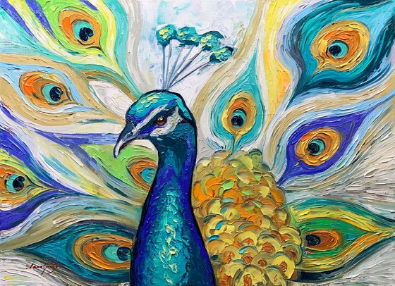 Peacock Painting, Glamour Look, ORIGINAL OIl Painting Modern Textu