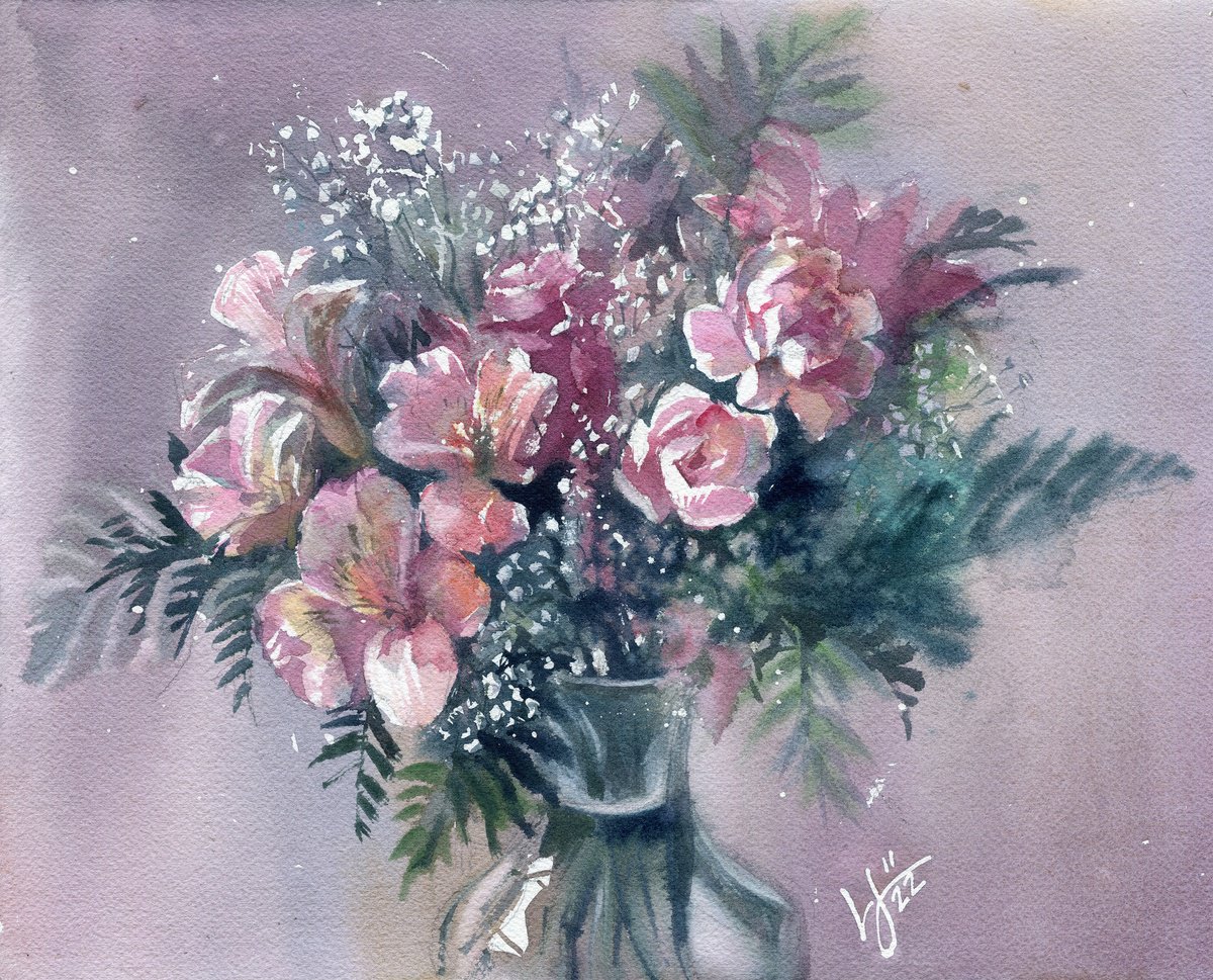 Impressionistic Still Life Watercolour By Svitlana Lagutina, 13 X 11", Blossoms Of Serenity, Original Artwork