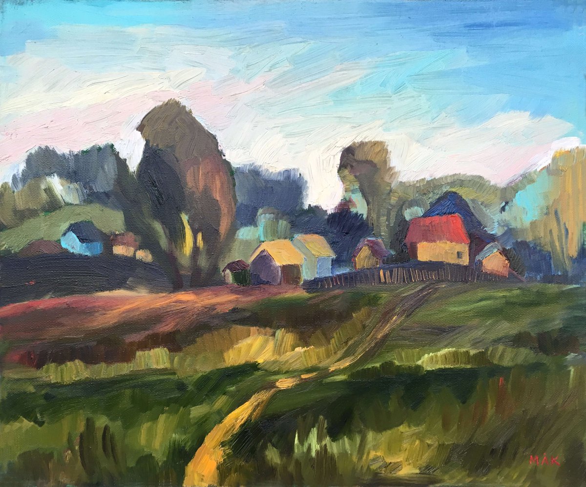 VILLAGE - expressive landscape with a green field and small houses on the horizon gift ide... by Irene Makarova
