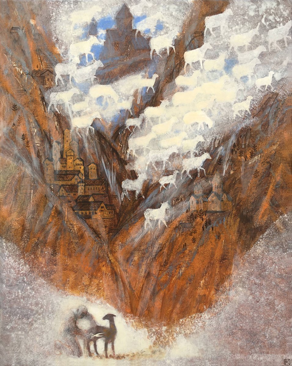 Surrealistic Animal Acrylic Painting By Olga Kataeva-Rochford, 29 X 36", Ram Shearing, Original Artwork