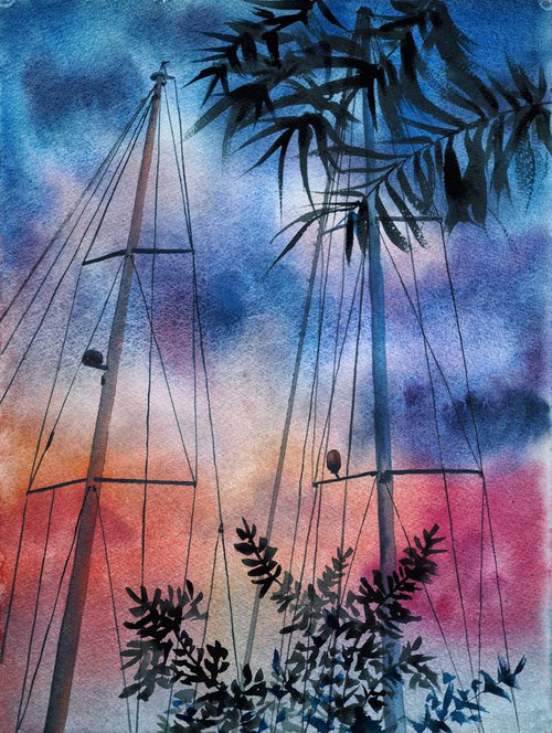 Yacht masts at sunset by Delnara El