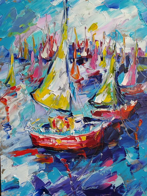 Expressive yachts - yacht, oil painting, yacht club, seascape, sea with yachts, yacht original painting, gift, impressionism, palette knife by Anastasia Kozorez