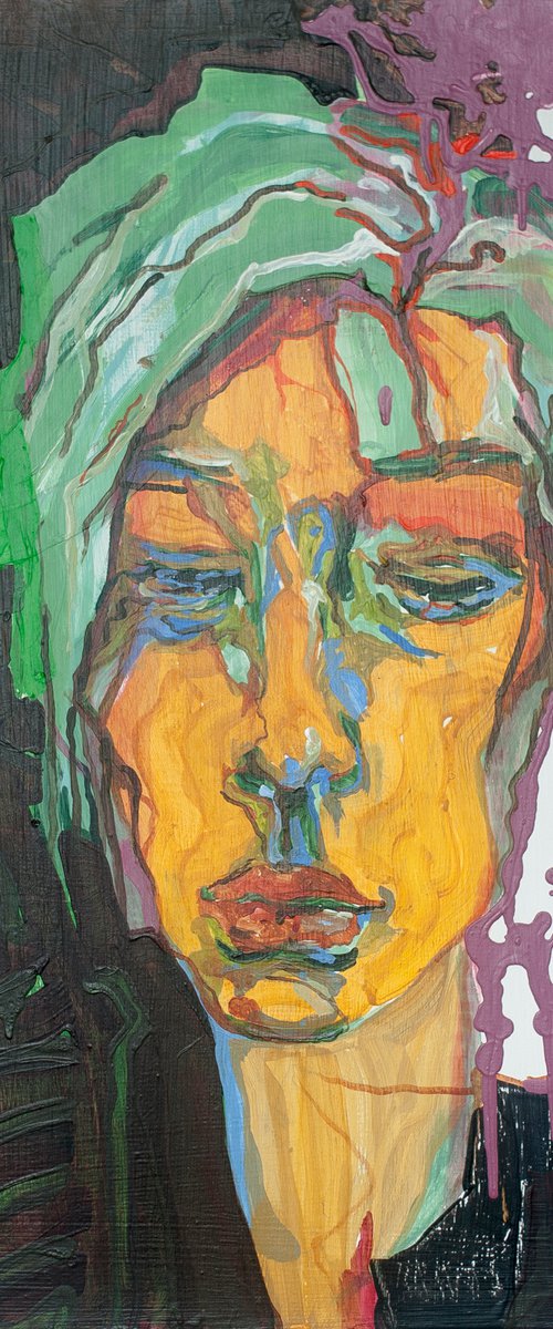 portrait woman beautiful face green hair portrait painting emotional figurative acrylic abstract wall art by Olga Chertova