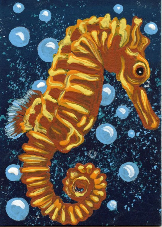 ACEO ATC Original Painting Orange Seahorse Marine Wildlife Art-Carla Smale