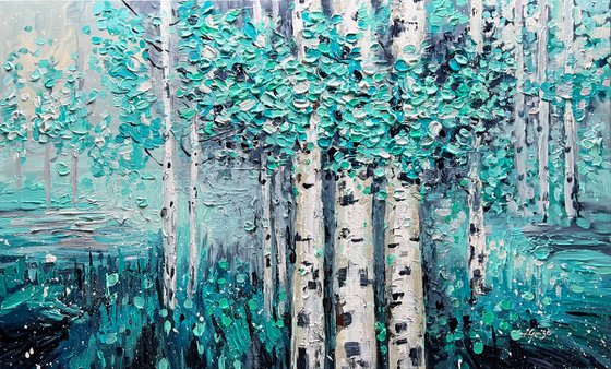 Teal Afternoon - Tree Painting On Canvas, Framed wall art, Teal blue Blomming painting, Heavy Textured art