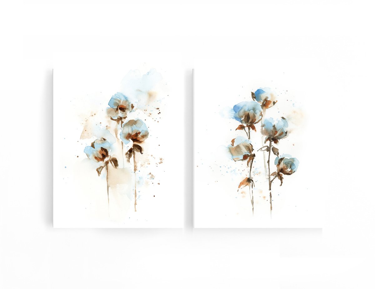 Cotton Flowers Watercolor Painting Diptych, Abstract Cotton Buds Floral Painting Set of 2 by Sophie Rodionov