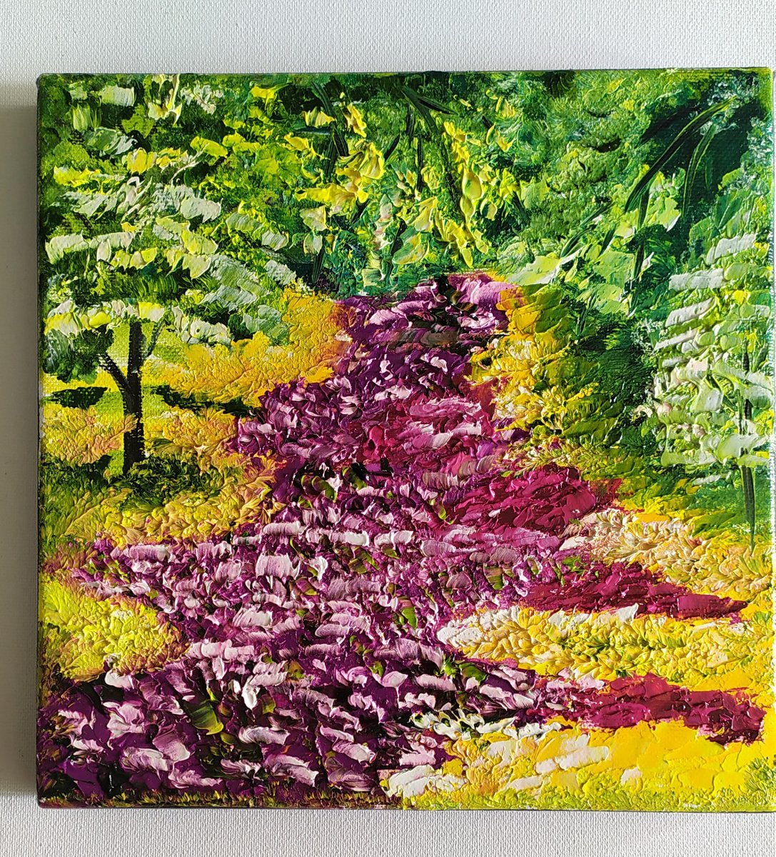 Flower way, original small landscape oil painting, Gift, art for home by Nataliia Plakhotnyk
